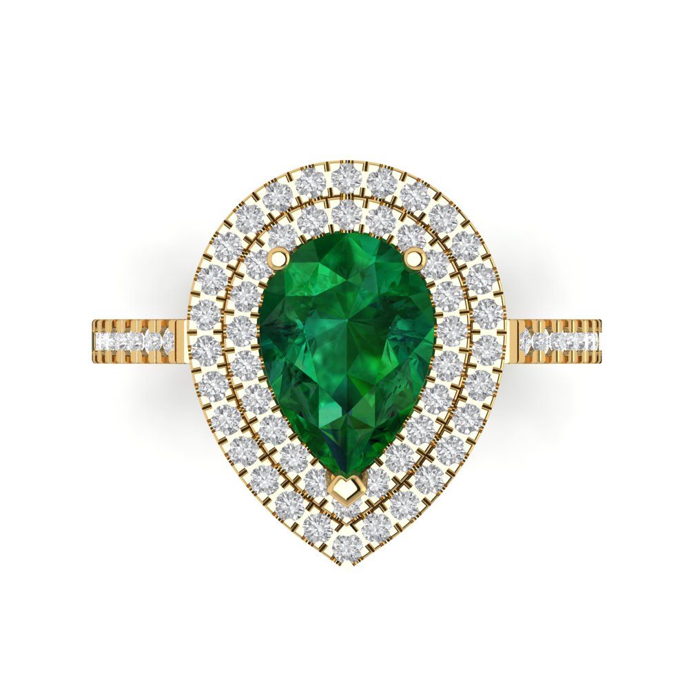 2.48 cttw Simulated Emerald Hidden Halo Engagement Ring - Solid Yellow Gold (VVS1, Pear Cut,10X7mm )