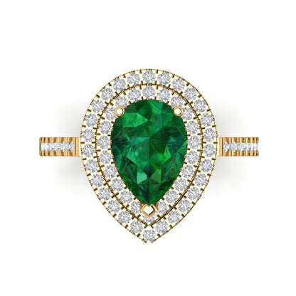 2.48 cttw Simulated Emerald Hidden Halo Engagement Ring - Solid Yellow Gold (VVS1, Pear Cut,10X7mm )
