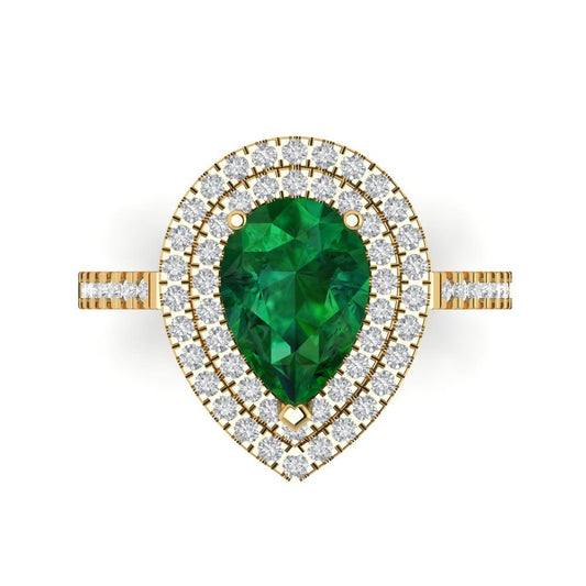 2.48 cttw Simulated Emerald Hidden Halo Engagement Ring - Solid Yellow Gold (VVS1, Pear Cut,10X7mm )