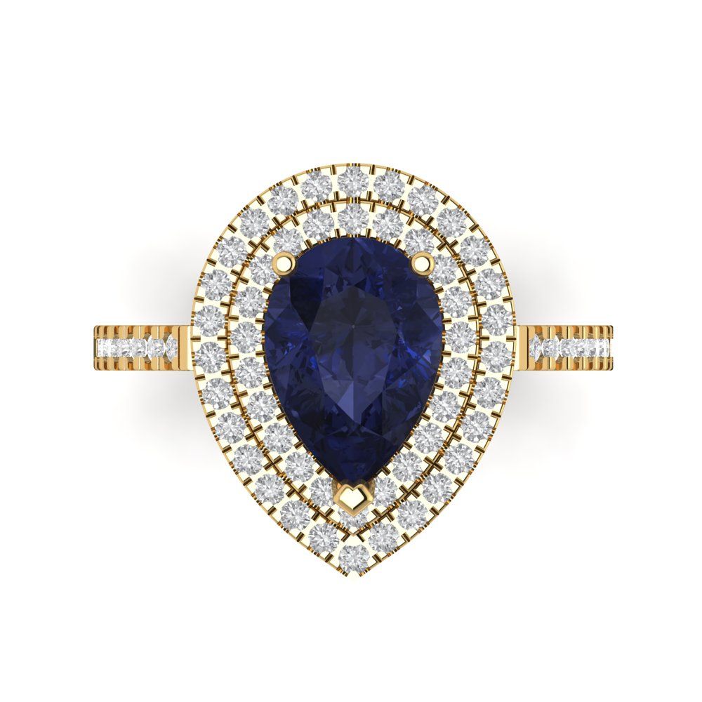 2.48 cttw Simulated Blue Sapphire Hidden Halo Engagement Ring - Solid Yellow Gold (VVS1, Pear Cut,10X7mm )
