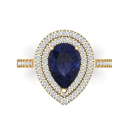 2.48 cttw Simulated Blue Sapphire Hidden Halo Engagement Ring - Solid Yellow Gold (VVS1, Pear Cut,10X7mm )