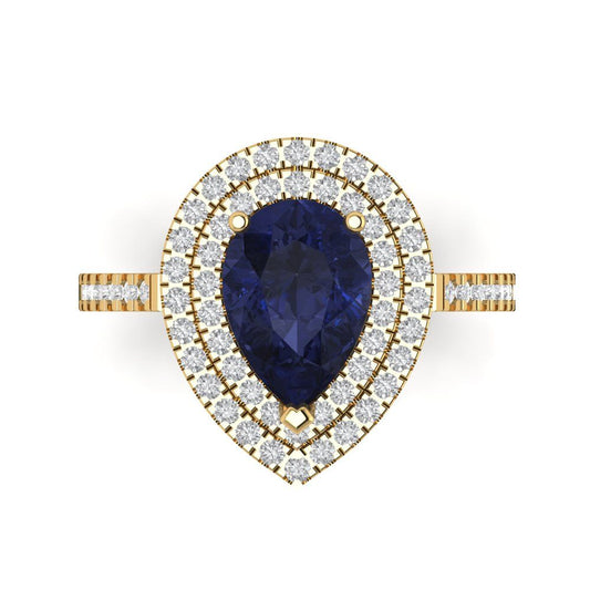 2.48 cttw Simulated Blue Sapphire Hidden Halo Engagement Ring - Solid Yellow Gold (VVS1, Pear Cut,10X7mm )