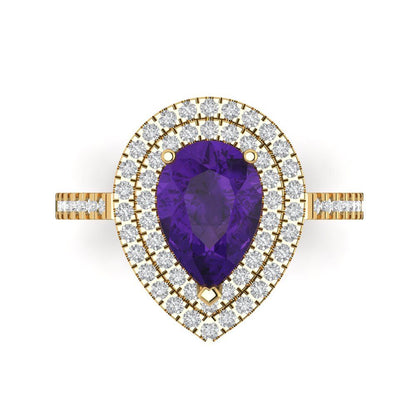2.48 cttw Natural Amethyst Hidden Halo Engagement Ring - Solid Yellow Gold (VVS1, Pear Cut,10X7mm )