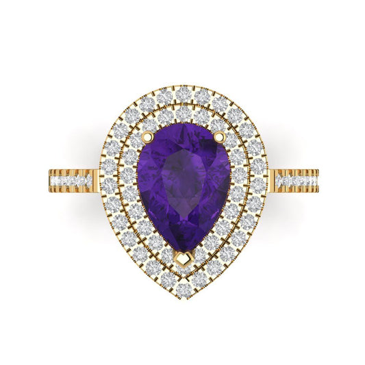 2.48 cttw Natural Amethyst Hidden Halo Engagement Ring - Solid Yellow Gold (VVS1, Pear Cut,10X7mm )