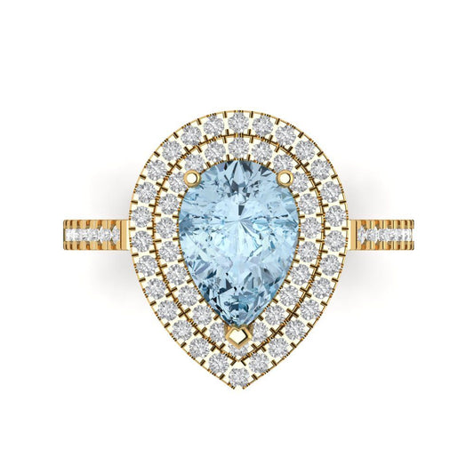 2.48 cttw Natural Swiss Blue Topaz Hidden Halo Engagement Ring - Solid Yellow Gold (VVS1, Pear Cut,10X7mm )