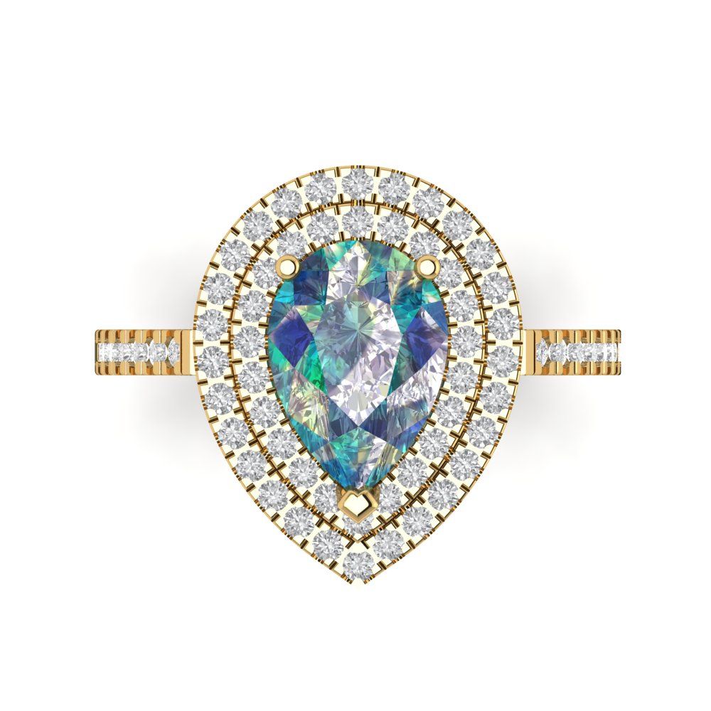2.48 cttw Blue Moissanite Hidden Halo Engagement Ring - Solid Yellow Gold (VVS1, Pear Cut,10X7mm )