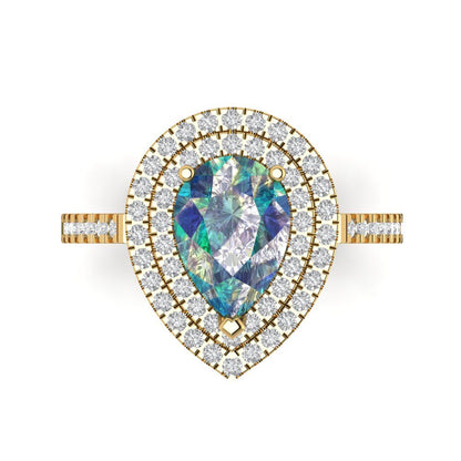 2.48 cttw Blue Moissanite Hidden Halo Engagement Ring - Solid Yellow Gold (VVS1, Pear Cut,10X7mm )