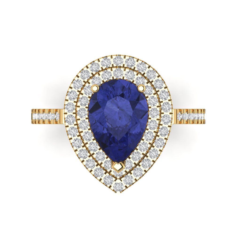2.48 cttw Simulated Tanzanite Hidden Halo Engagement Ring - Solid Yellow Gold (VVS1, Pear Cut,10X7mm )