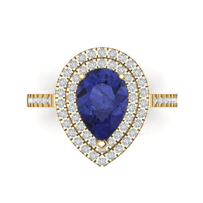 2.48 cttw Simulated Tanzanite Hidden Halo Engagement Ring - Solid Yellow Gold (VVS1, Pear Cut,10X7mm )