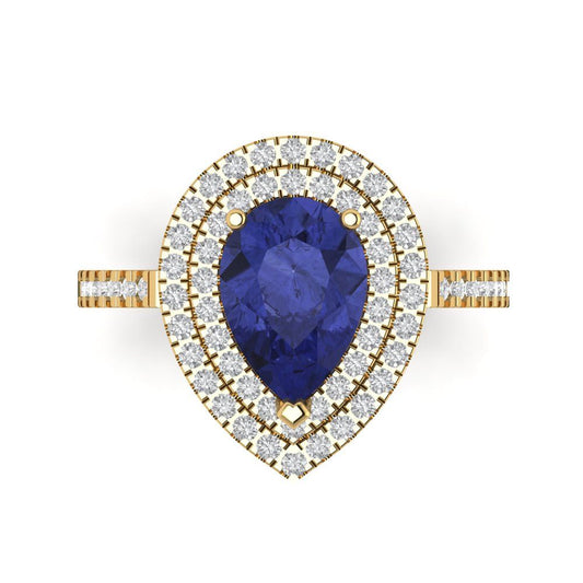 2.48 cttw Simulated Tanzanite Hidden Halo Engagement Ring - Solid Yellow Gold (VVS1, Pear Cut,10X7mm )