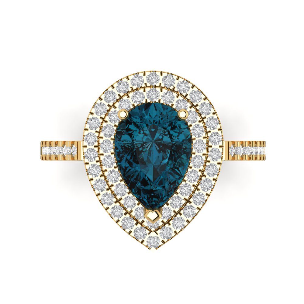 2.48 cttw Natural London Blue Topaz Hidden Halo Engagement Ring - Solid Yellow Gold (VVS1, Pear Cut,10X7mm )