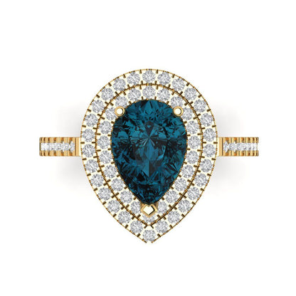 2.48 cttw Natural London Blue Topaz Hidden Halo Engagement Ring - Solid Yellow Gold (VVS1, Pear Cut,10X7mm )