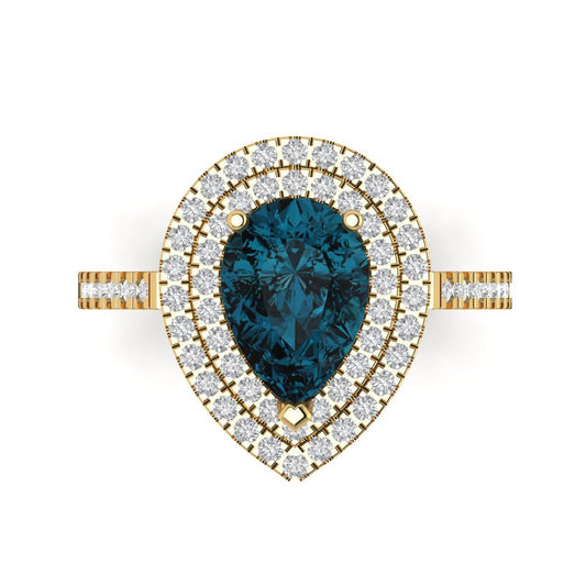 2.48 cttw Natural London Blue Topaz Hidden Halo Engagement Ring - Solid Yellow Gold (VVS1, Pear Cut,10X7mm )