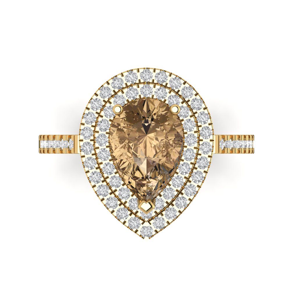 2.48 cttw Zirconia Simulated Champagne Diamond Hidden Halo Engagement Ring - Solid Yellow Gold (VVS1, Pear Cut,10X7mm )