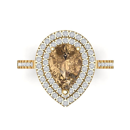 2.48 cttw Zirconia Simulated Champagne Diamond Hidden Halo Engagement Ring - Solid Yellow Gold (VVS1, Pear Cut,10X7mm )