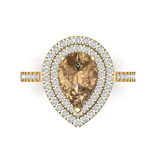 2.48 cttw Zirconia Simulated Champagne Diamond Hidden Halo Engagement Ring - Solid Yellow Gold (VVS1, Pear Cut,10X7mm )