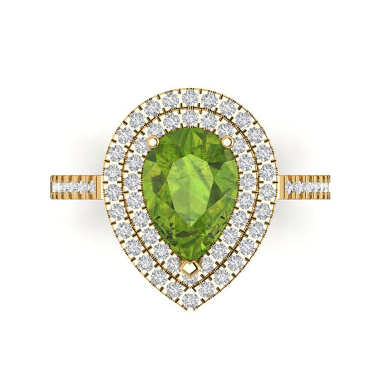 2.48 cttw Natural Peridot Hidden Halo Engagement Ring - Solid Yellow Gold (VVS1, Pear Cut,10X7mm )