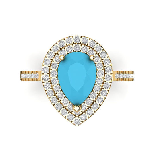 2.48 cttw Simulated Turquoise Hidden Halo Engagement Ring - Solid Yellow Gold (VVS1, Pear Cut,10X7mm )