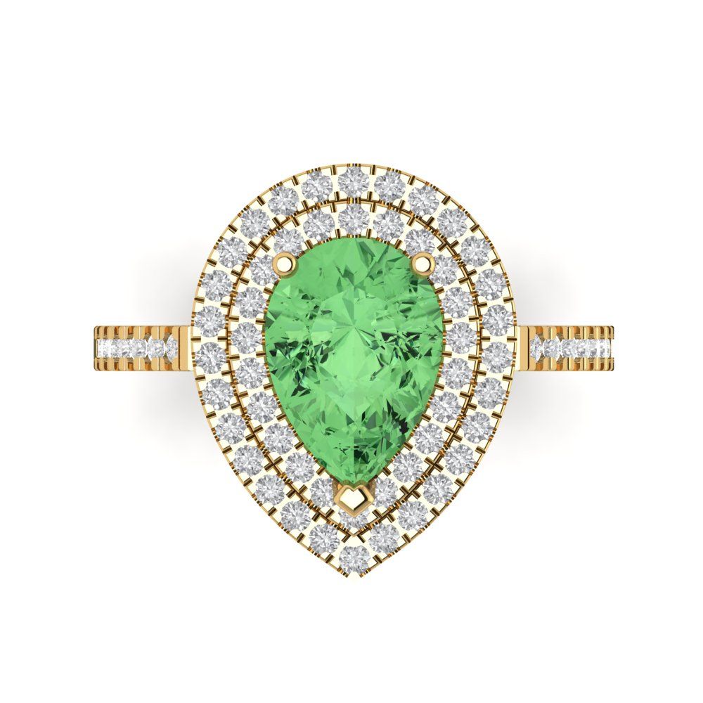2.48 cttw Zirconia Simulated Green Diamond Hidden Halo Engagement Ring - Solid Yellow Gold (VVS1, Pear Cut,10X7mm )