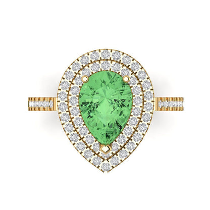 2.48 cttw Zirconia Simulated Green Diamond Hidden Halo Engagement Ring - Solid Yellow Gold (VVS1, Pear Cut,10X7mm )