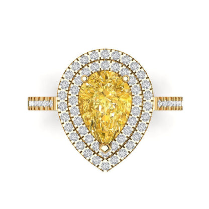 2.48 cttw Zirconia Simulated Yellow Diamond Hidden Halo Engagement Ring - Solid Yellow Gold (VVS1, Pear Cut,10X7mm )