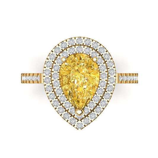 2.48 cttw Zirconia Simulated Yellow Diamond Hidden Halo Engagement Ring - Solid Yellow Gold (VVS1, Pear Cut,10X7mm )