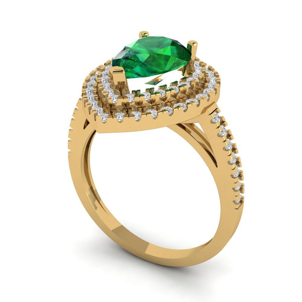 2.48 cttw Simulated Emerald Hidden Halo Engagement Ring - Solid Yellow Gold (VVS1, Pear Cut,10X7mm )
