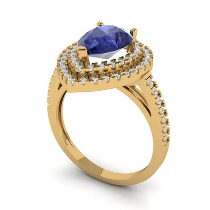 2.48 cttw Simulated Tanzanite Hidden Halo Engagement Ring - Solid Yellow Gold (VVS1, Pear Cut,10X7mm )