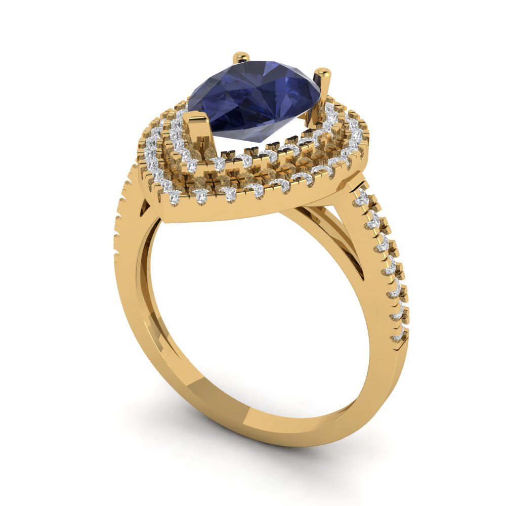 2.48 cttw Simulated Blue Sapphire Hidden Halo Engagement Ring - Solid Yellow Gold (VVS1, Pear Cut,10X7mm )
