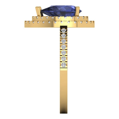2.48 cttw Simulated Blue Sapphire Hidden Halo Engagement Ring - Solid Yellow Gold (VVS1, Pear Cut,10X7mm )