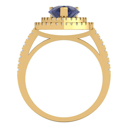 2.48 cttw Simulated Blue Sapphire Hidden Halo Engagement Ring - Solid Yellow Gold (VVS1, Pear Cut,10X7mm )