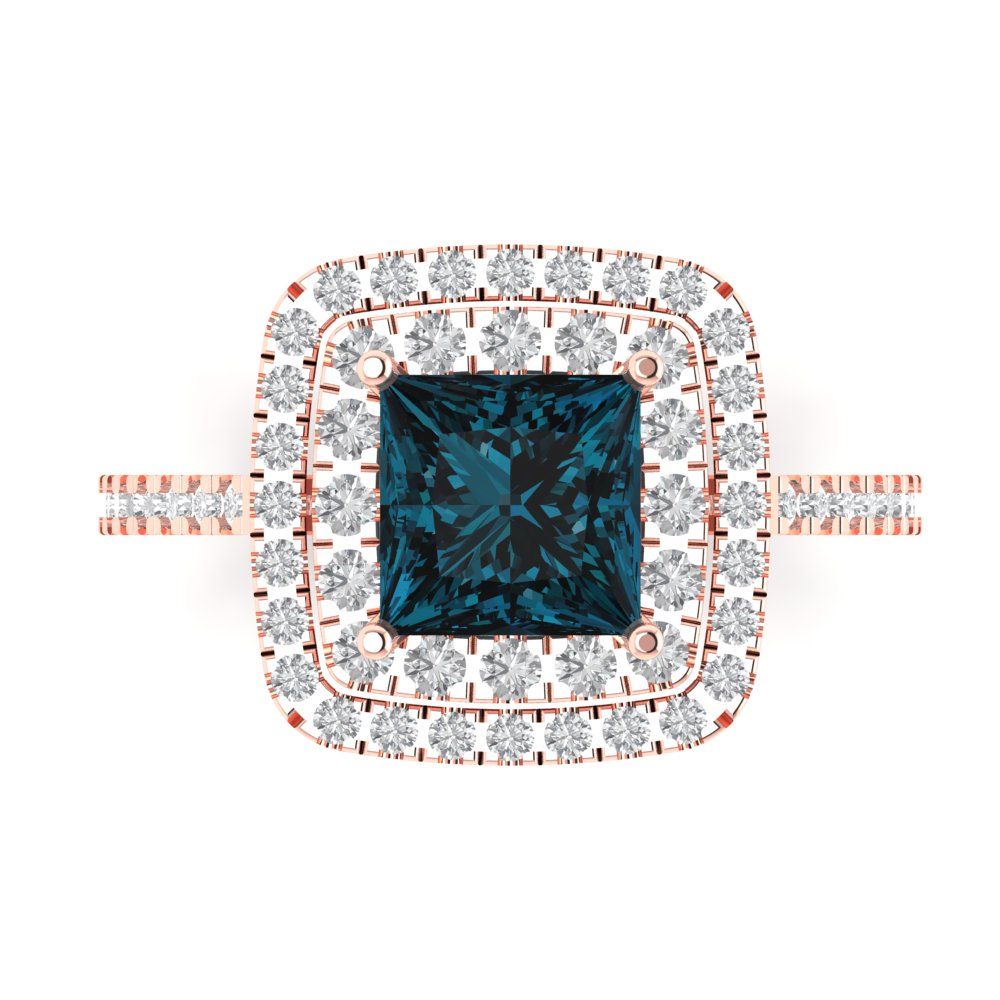 2.07 cttw Natural London Blue Topaz Hidden Halo Engagement Ring - Solid Rose Gold (VVS1, Princess Cut,6.5mm)