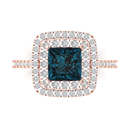 2.07 cttw Natural London Blue Topaz Hidden Halo Engagement Ring - Solid Rose Gold (VVS1, Princess Cut,6.5mm)