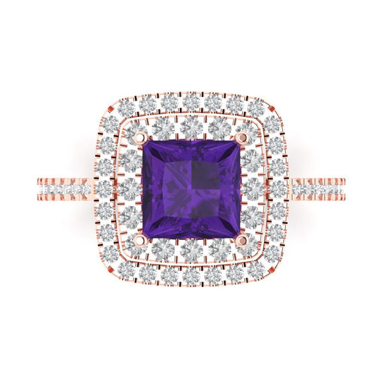 2.07 cttw Natural Amethyst Hidden Halo Engagement Ring - Solid Rose Gold (VVS1, Princess Cut,6.5mm)