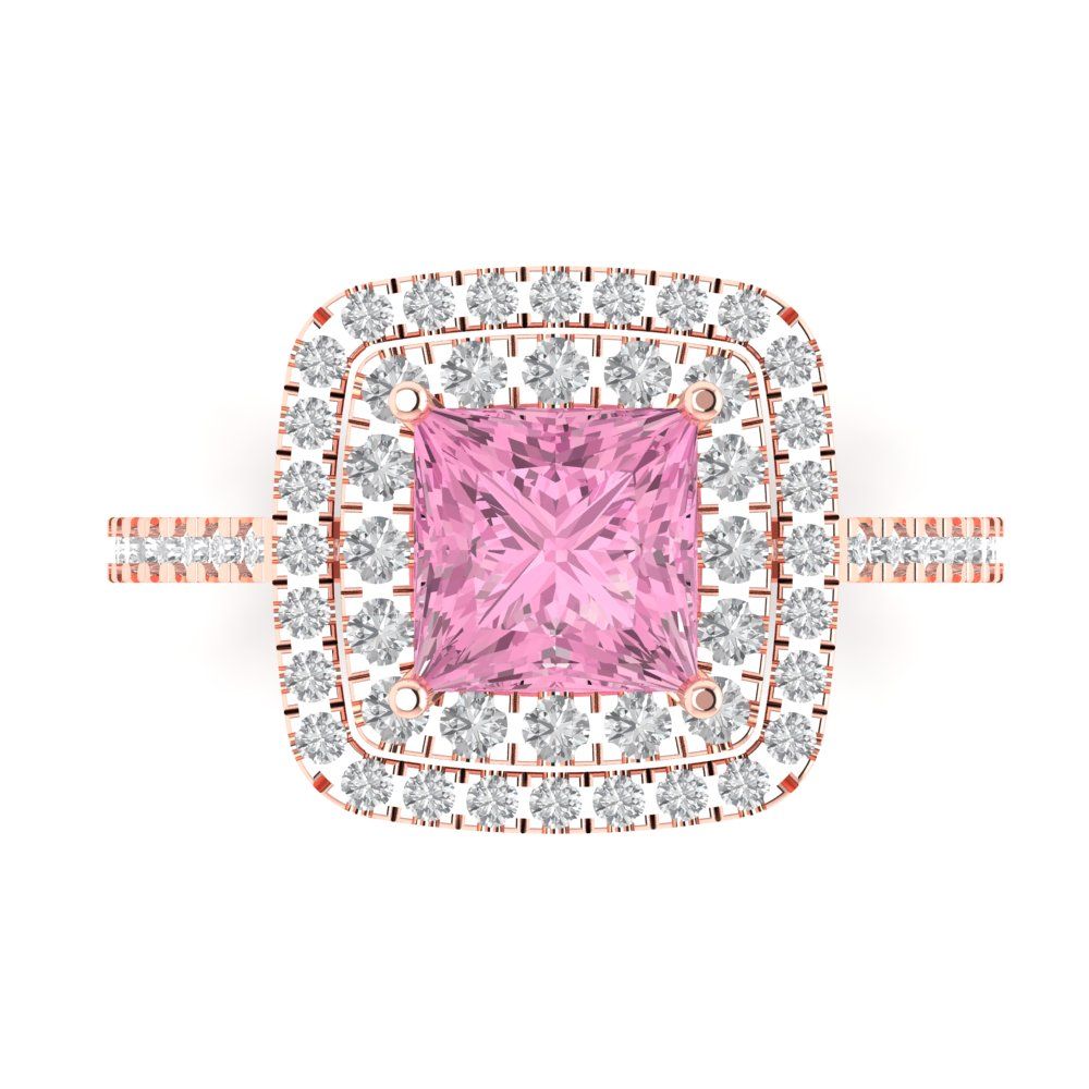2.07 cttw Zirconia Simulated Pink Diamond Hidden Halo Engagement Ring - Solid Rose Gold (VVS1, Princess Cut,6.5mm)
