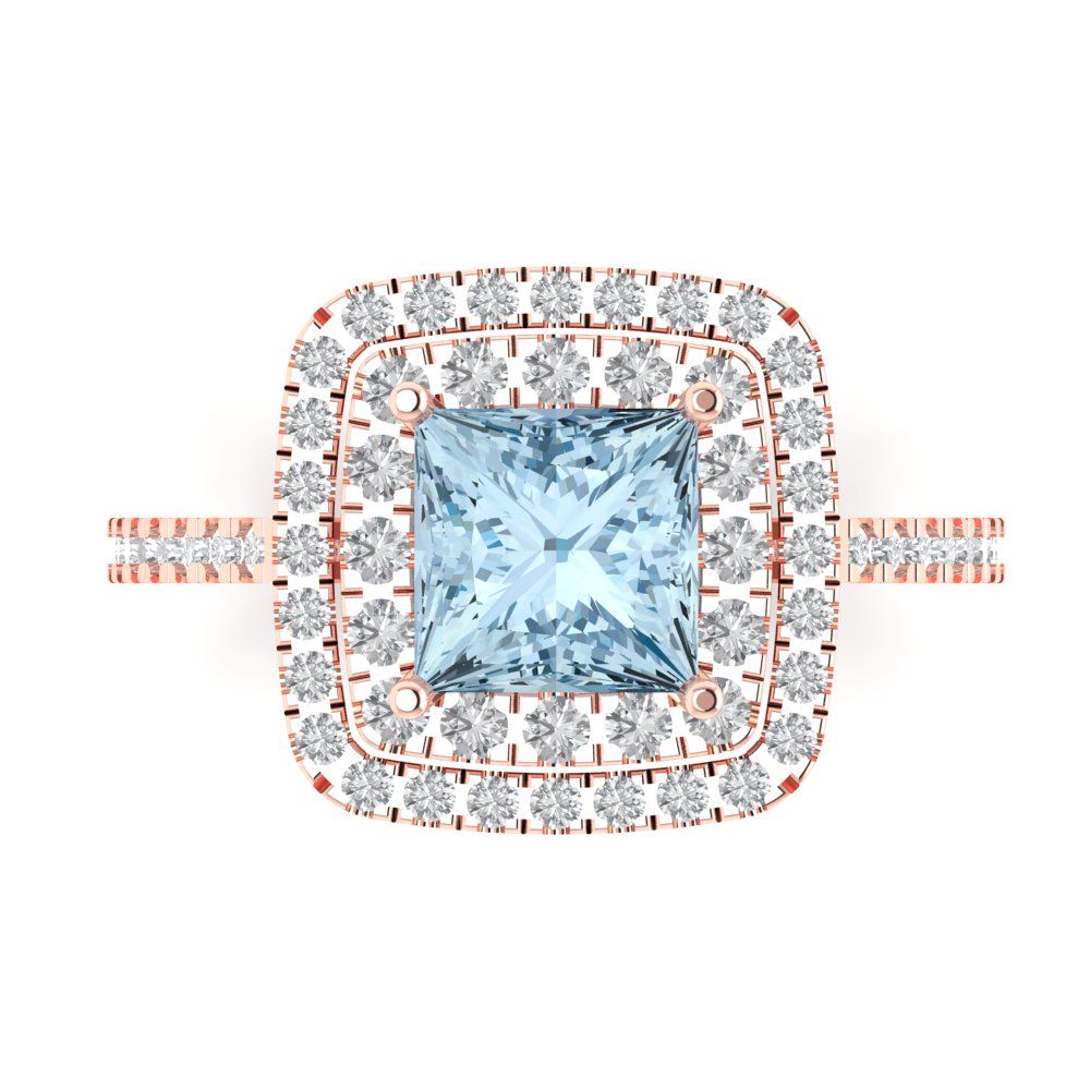 2.07 cttw Natural Aquamarine Hidden Halo Engagement Ring - Solid Rose Gold (VVS1, Princess Cut,6.5mm)