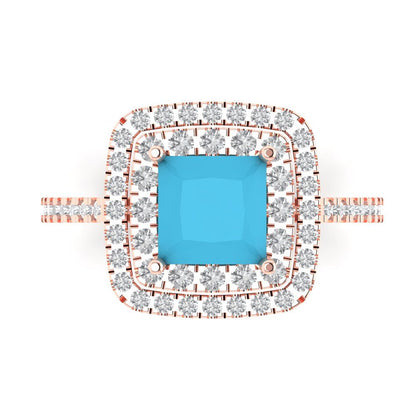 2.07 cttw Simulated Turquoise Hidden Halo Engagement Ring - Solid Rose Gold (VVS1, Princess Cut,6.5mm)