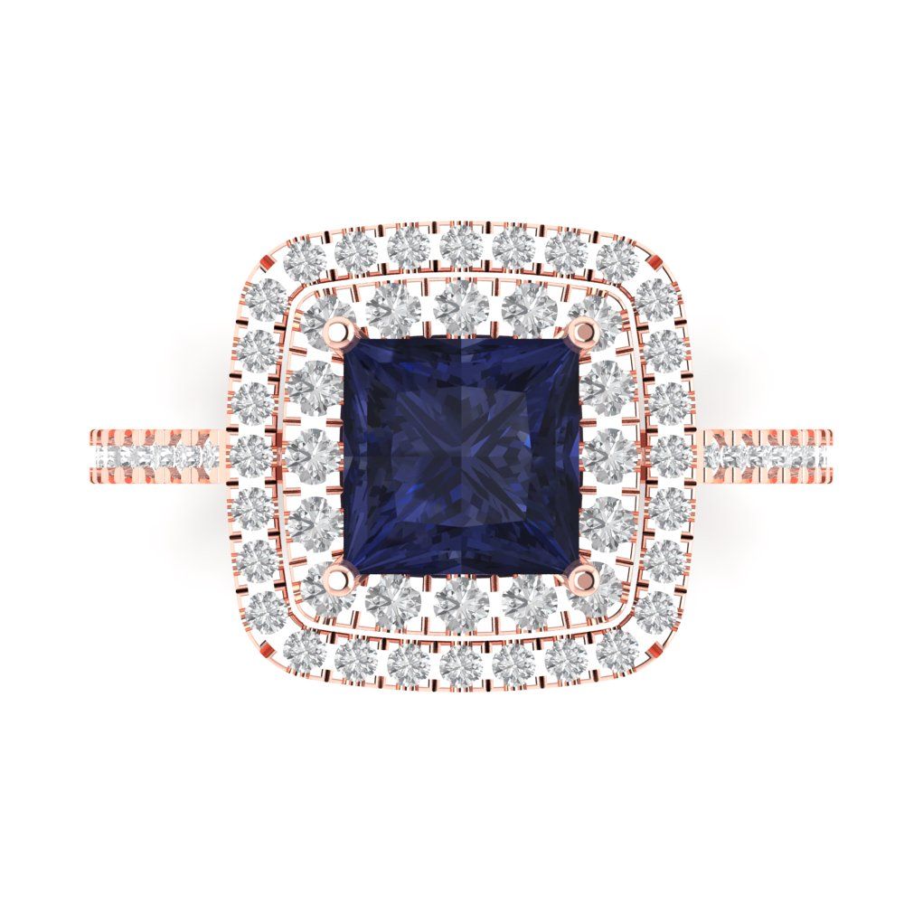 2.07 cttw Simulated Blue Sapphire Hidden Halo Engagement Ring - Solid Rose Gold (VVS1, Princess Cut,6.5mm)