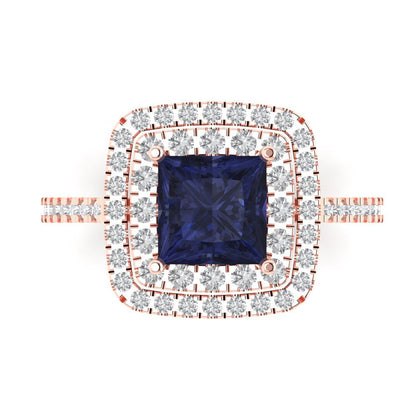2.07 cttw Simulated Blue Sapphire Hidden Halo Engagement Ring - Solid Rose Gold (VVS1, Princess Cut,6.5mm)