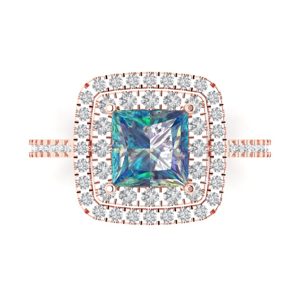 2.07 cttw Blue Moissanite Hidden Halo Engagement Ring - Solid Rose Gold (VVS1, Princess Cut,6.5mm)