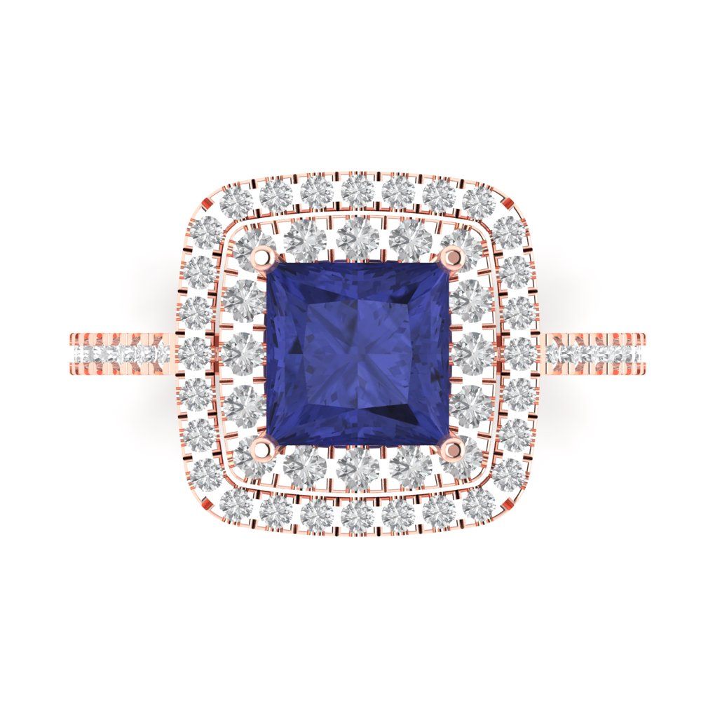 2.07 cttw Simulated Tanzanite Hidden Halo Engagement Ring - Solid Rose Gold (VVS1, Princess Cut,6.5mm)