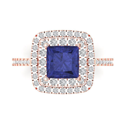2.07 cttw Simulated Tanzanite Hidden Halo Engagement Ring - Solid Rose Gold (VVS1, Princess Cut,6.5mm)