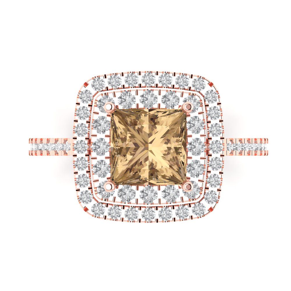 2.07 cttw Zirconia Simulated Champagne Diamond Hidden Halo Engagement Ring - Solid Rose Gold (VVS1, Princess Cut,6.5mm)