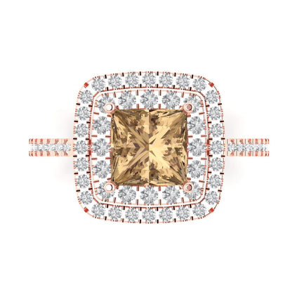2.07 cttw Zirconia Simulated Champagne Diamond Hidden Halo Engagement Ring - Solid Rose Gold (VVS1, Princess Cut,6.5mm)