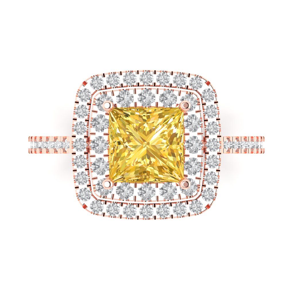 2.07 cttw Zirconia Simulated Yellow Diamond Hidden Halo Engagement Ring - Solid Rose Gold (VVS1, Princess Cut,6.5mm)