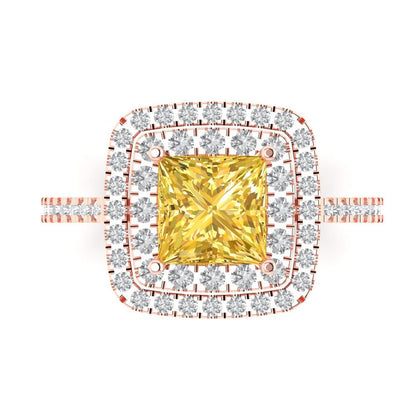 2.07 cttw Zirconia Simulated Yellow Diamond Hidden Halo Engagement Ring - Solid Rose Gold (VVS1, Princess Cut,6.5mm)