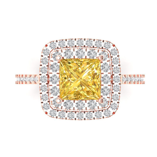 2.07 cttw Zirconia Simulated Yellow Diamond Hidden Halo Engagement Ring - Solid Rose Gold (VVS1, Princess Cut,6.5mm)