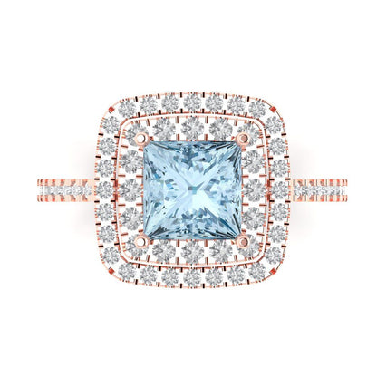 2.07 cttw Natural Swiss Blue Topaz Hidden Halo Engagement Ring - Solid Rose Gold (VVS1, Princess Cut,6.5mm)