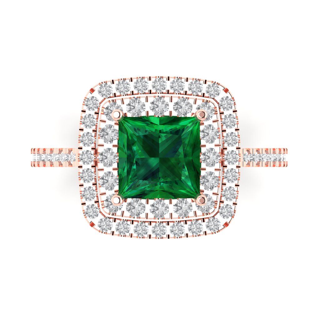2.07 cttw Simulated Emerald Hidden Halo Engagement Ring - Solid Rose Gold (VVS1, Princess Cut,6.5mm)