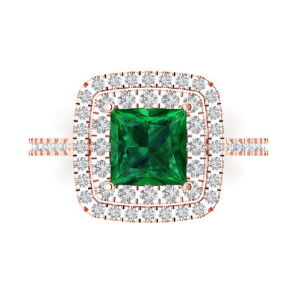2.07 cttw Simulated Emerald Hidden Halo Engagement Ring - Solid Rose Gold (VVS1, Princess Cut,6.5mm)